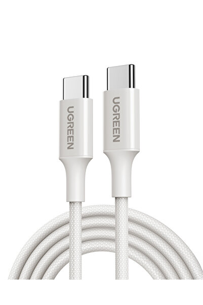Ugreen USB-C 60W 3A QC PD Örgülü Hızlı Şarj Kablosu, 2 Metre, Beyaz, 35254