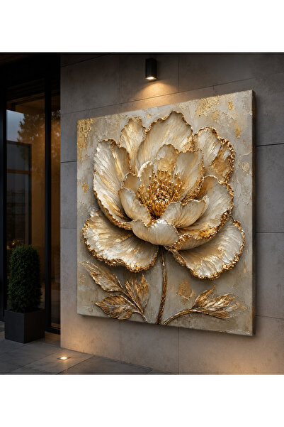 EvimeTablo Gold Beyaz Çiçek Kanvas Tablo Lüks Çiçek Temalı Dekoratif Duvar Ta...