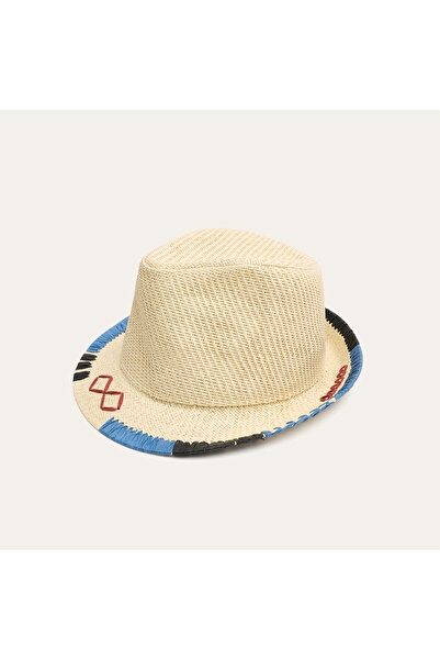 Mudo Men's Beige Embroidered Straw Fedora Hat