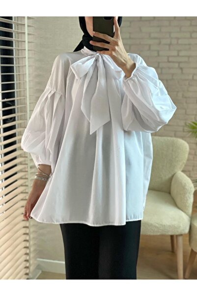 Bahar Altundemir Scarf Detailed Oversize Balloon Sleeve Women's White Shirt