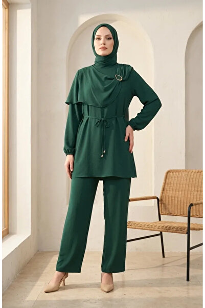 sefamerve Ring Detailed Lace-Up Hijab Double Set 2280-01 Emerald Green