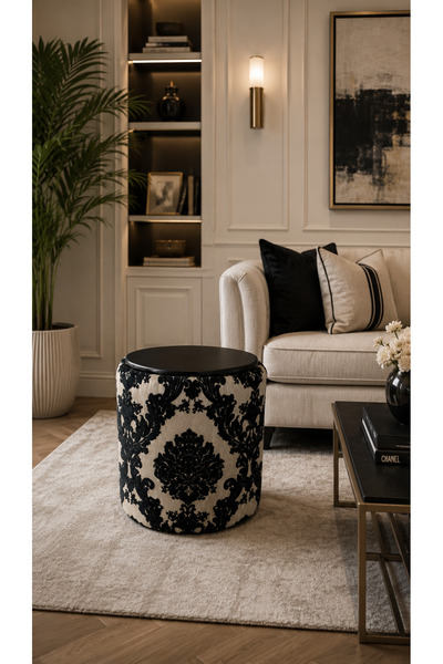 Tasarım Premium Dokuma Kumaş Puf Sehpa 40x46 cm | Modern Yuvarlak Oturma Pufu...