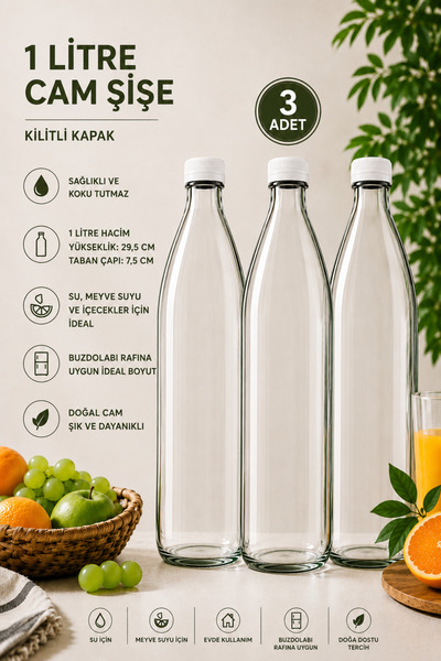 Rotanev 3 Adet Beyaz Plastik Kapaklı Cam Şişe 1 Litre Şeffaf Sürahi Süt, Ayra...
