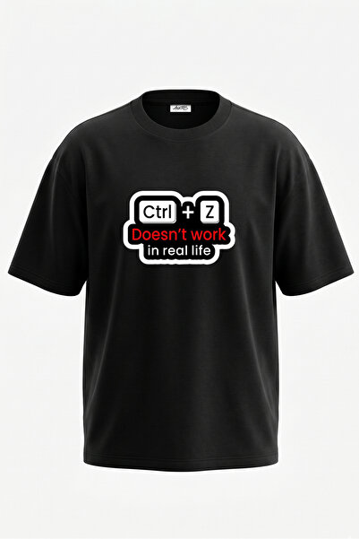 Anetos Ctrl Z Design Tricou oversize negru din bumbac cu imprimeu pe spate