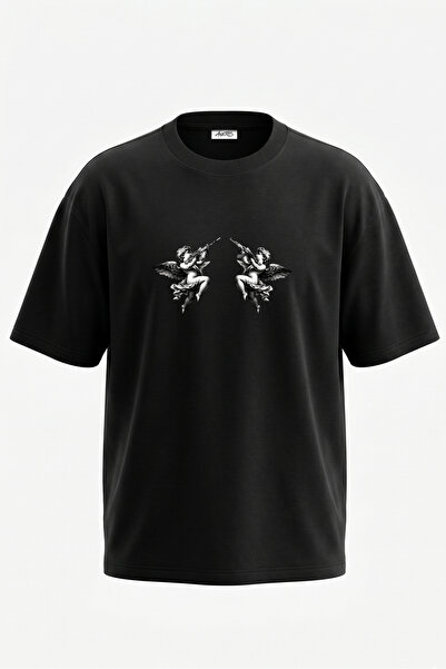 Anetos Tricou oversize negru din bumbac cu imprimeu pe spate Cherub Rifle Design
