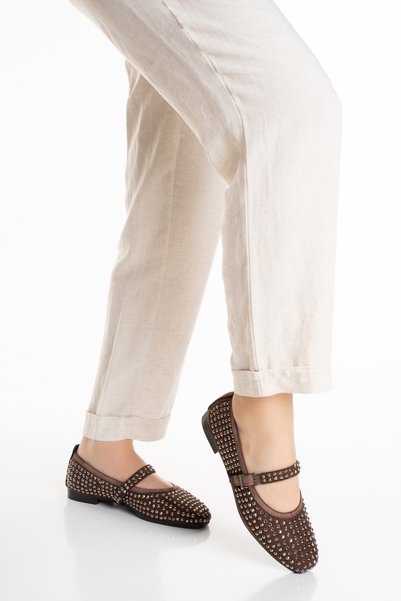 BAKKA Brown Stone Buckle Elastic Women's Ballerinas