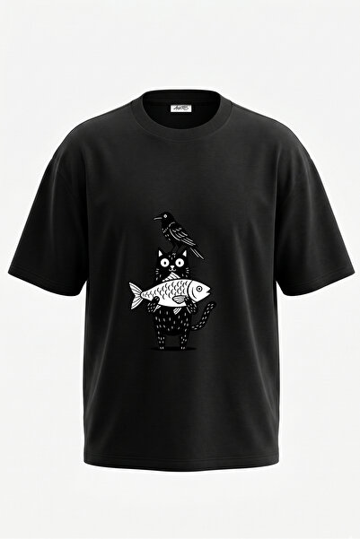 Anetos Tricou oversize negru din bumbac cu imprimeu pe spate Cat Fish Bird De...