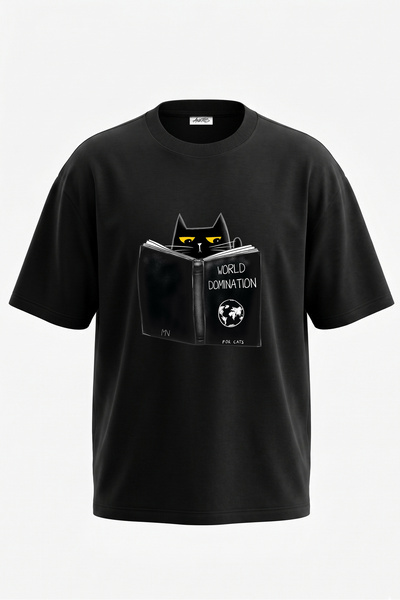 Anetos Tricou oversize negru din bumbac cu imprimeu pe spate Cat World Domina...