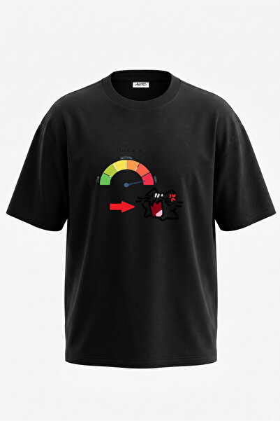 Anetos Tricou oversize negru din bumbac cu imprimeu pe spate Angy Cat Design