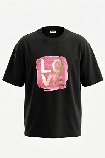 Anetos Tricou oversize negru din bumbac cu imprimeu Love Watercolor Design pe...