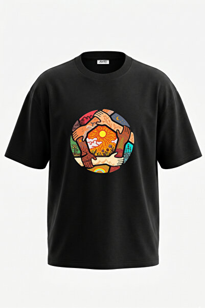 Anetos Tricou oversize negru din bumbac cu imprimeu pe spate World Unity Design