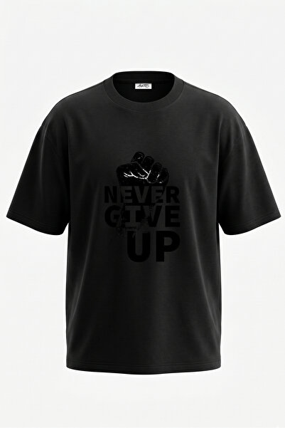 Anetos Never Give Up_2 Tricou oversize negru din bumbac cu imprimeu pe spate