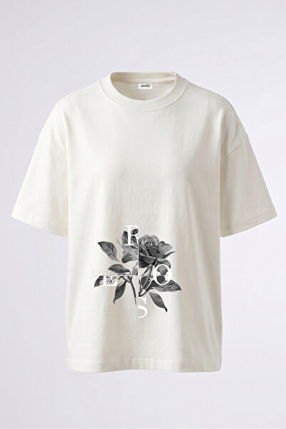 Anetos Tricou oversize alb din bumbac cu imprimeu pe spate Black White Rose D...