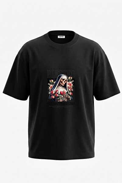 Anetos Tricou oversize negru din bumbac cu imprimeu pe spate Skeleton Nun Design