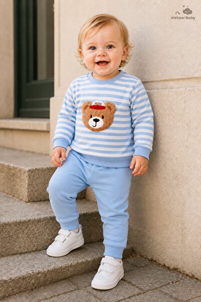METEOR BABY Baby Boy Set - Teddy Bear Patterned Striped Seasonal Top and Bott...