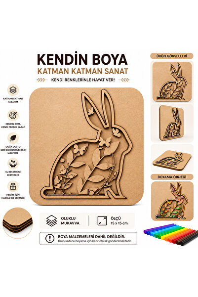 Mutif Kendin Boya Tavşan Mandala Boyama Kiti | Katmanlı Oluklu Mukavva Dekora...