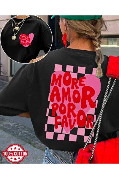 LELVANİ Tricou cu decolteu rotund, imprimat cu inimă roz, More Amor Por Favor