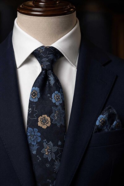 Kravatkolik Blue Beige Floral Pattern Classic Tie with Handkerchief Kk13715
