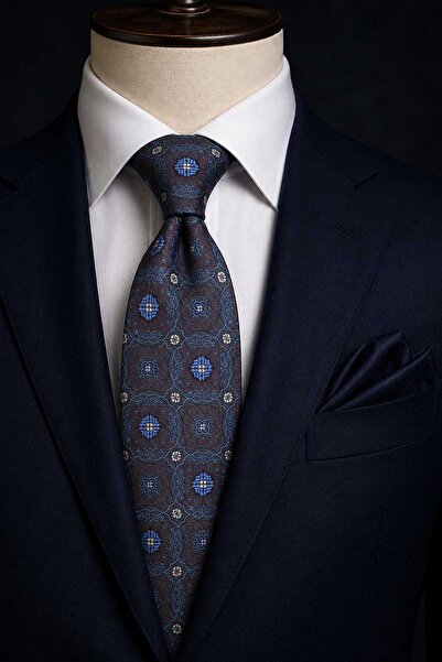 Kravatkolik Smoked Blue Motif Pattern Classic Tie with Handkerchief Kk13753