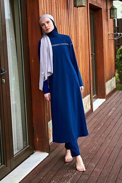 Marina Swimwear Full Coverage Hijab Swimsuit Set with Sequin Detail Navy Blue...