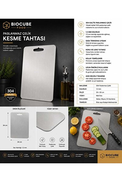 Orianna Design 304 Kalite Paslanmaz Çelik Kesme Tahtası – Dayanıklı ve Hijyen...