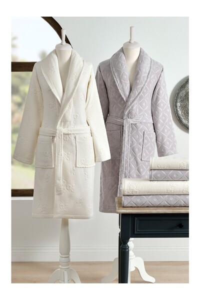 Özdilek Mayra Velvet Family Set-Bathrobe Set 6 Pieces Gray-Cream