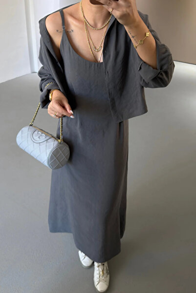 My Blog Anthracite Crop Shirt Long Modal Dress Set - El51153