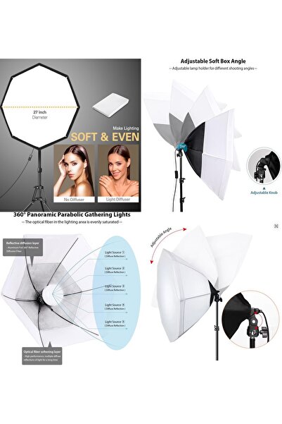 AZT Ürün Reklam Stüdyo Youtube Vlog Tiktok Canlı Yayın vb için 70cm Octagon Softbox Üçlü Led Sürekli Işık Seti