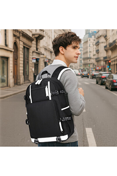 HI-FINE (ik39)Solid Black White Contrast Laptop Backpack with External USB Ch...