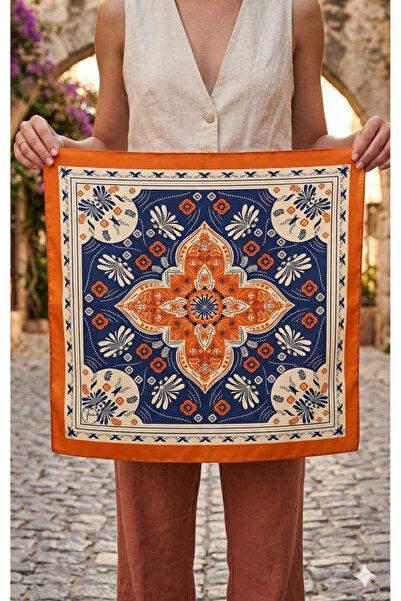 DipOL Butik Orange and Navy Blue Ethnic Patterned Square Satin Bandana Scarf ...