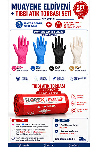 Medicalx Muayene Eldiveni 100’lük Paket - 1 Rulo Tıbbi Atık Torbası (Orta Boy...