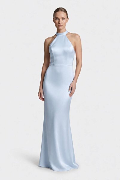 SpringStore Mavi Halter Yaka Saten Abiye