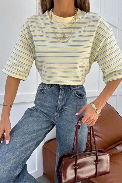 mylove Off-Shoulder Striped Tshirt Yellow