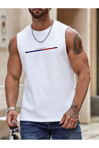 shams style Men's Oversize Crew Neck Sleeveless Paris Print T-Shirt - Long Cut