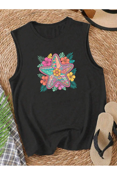 SUNFREE Tropical Sea Star Printed Sleeveless Crew Neck Women's Tshirt