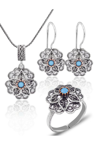 Midyat Nurtaş Gümüş Firuze Taşlı Gül Model Oksitli 925 Ayar Gümüş Telkari Kadın Üçlü Set 201025646
