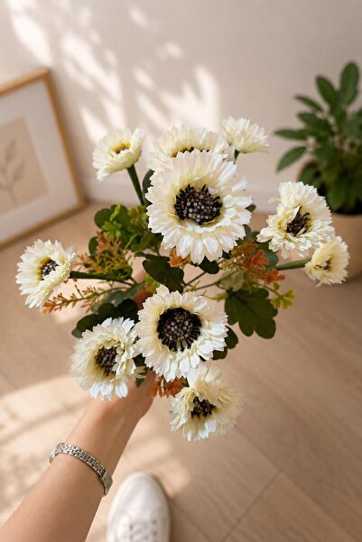 İLİVA Yapay Beyaz Gerbera Çiçeği Demeti Dekoratif Çiçek Buketi Ev Ofis Vazo S...