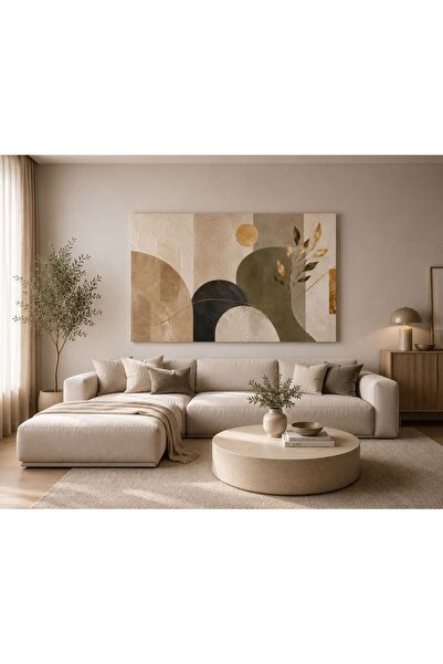 walliva Modern Soyut Geometrik Kanvas Tablo Bej Krem Haki Gold Detaylı Minima...