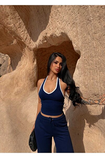 EVOA Women's Navy Blue Backless Ribbed Blouse and Wide-Leg Pants Set