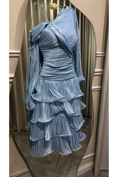 Jood Shiny Crinkle Dress with Layered Ruffles and Bust Detailing