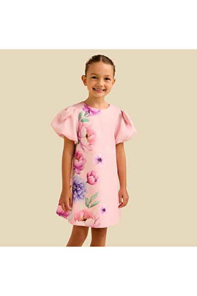 Juniors Round Neck Short Sleeve Dress with Floral Print