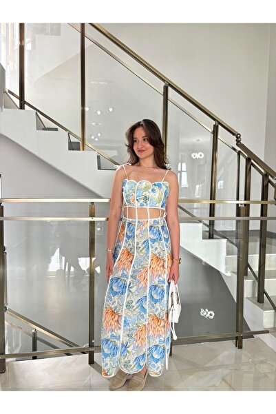 Sude Kızanlıklı Blue Low-Cut Strappy Dress