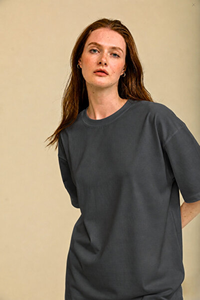 GUARAZ Women's Oversize Crew Neck Thick Textured 100% Cotton Basic T-Shirt