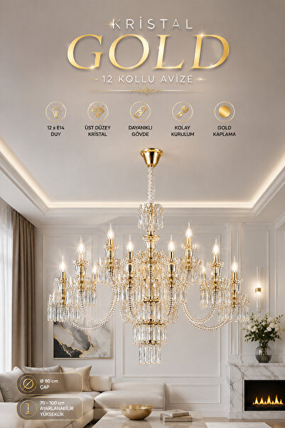 Elvora Home Modern (PREMİUM) Şık Detaylı Klasik 12'li Gold Kristal Taşlı Aviz...