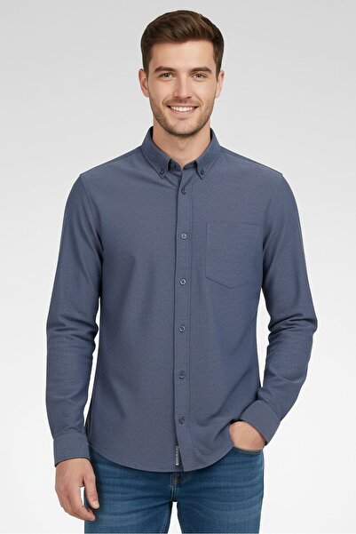 CELIO قميص رجالي كاجوال بأكمام طويلة وقصّة عادية، أزرق داكن