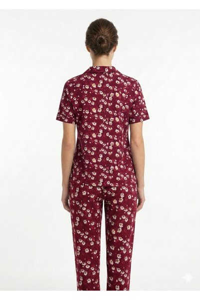 Noom Nightwear Women's Pink Floral Print Pajamas - Comfortable Short Sleeve and Long Pants Sleepwear Set - Stylish Homewear Style 100% Cotton