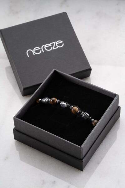 Nereze 8 mm Macrame Men's Bracelet with Tiger's Eye and Hematite Natural Stones