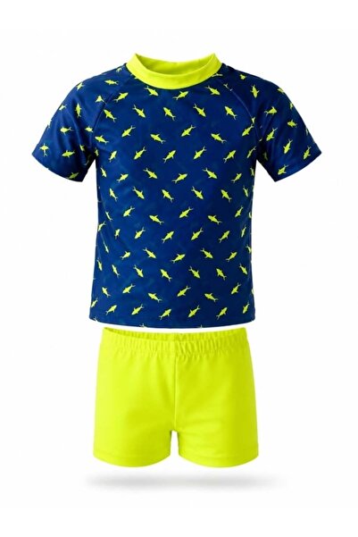 Starinci Mayo Balık Desenli Erkek Çocuk Mayo Takımı Saks Mavi Neon Sarı 2'li Set