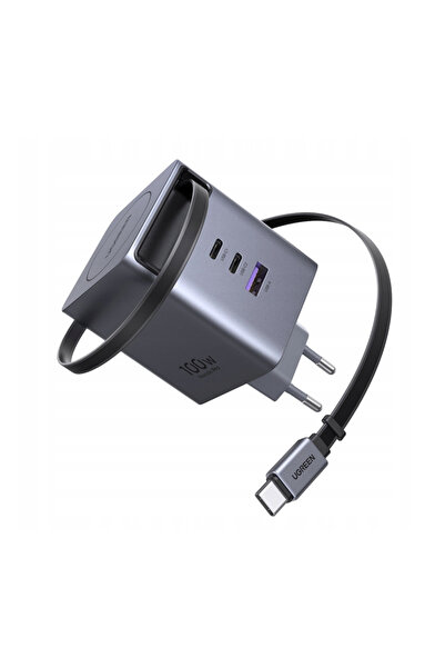 Ugreen Încărcător de perete Nexode 100W GaN, 2x USB-C, 1x USB-A, Cablu retrac...