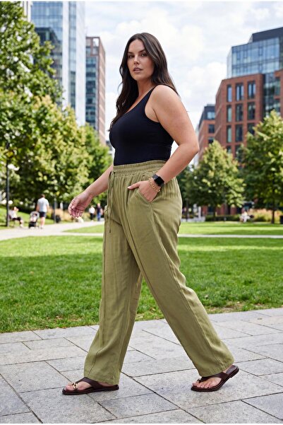 Ebsumu Women's Plus Size Front Seam Detail Flowy Green Trousers